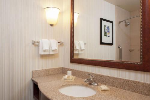 Hilton Garden Inn St. Paul Oakdale في Oakdale: حمام مع حوض ومرآة