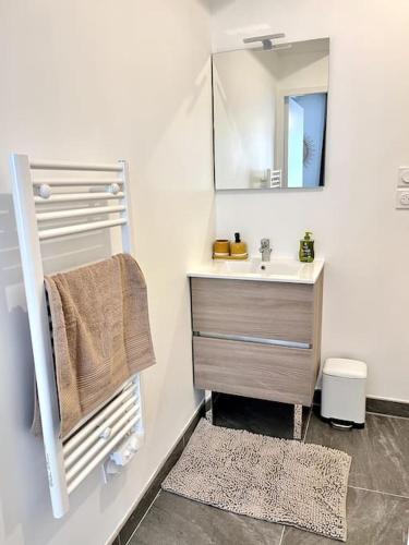 une salle de bain avec un lavabo et un miroir dans l'établissement L'Agate brune - Bourg-de-Péage, à Bourg-de-Péage