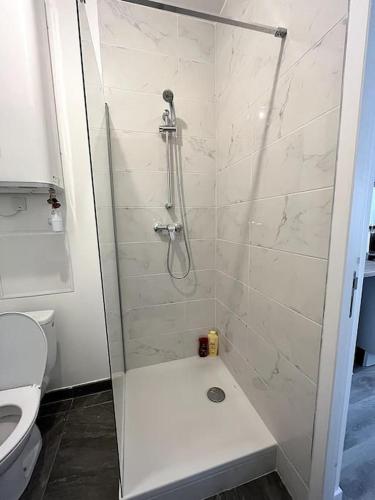 une salle de bain avec une douche avec une porte vitrée dans l'établissement L'Agate brune - Bourg-de-Péage, à Bourg-de-Péage