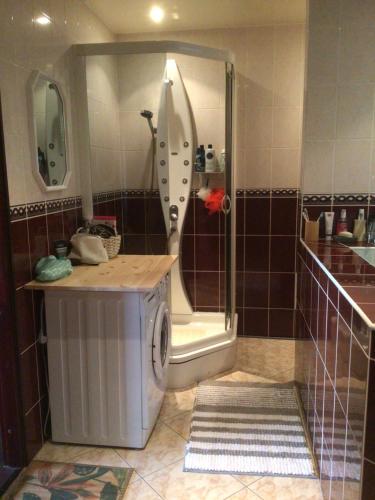 a bathroom with a shower and a washing machine at Luxurious En-suit room with Sauna in Pyussi