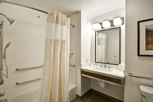 y baño con cortina de ducha y lavamanos. en Hilton Garden Inn Austin Round Rock en Round Rock
