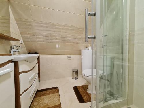 ein Badezimmer mit Toilette und Glasdusche in der Unterkunft RM Festival Rooms Guca in Guča