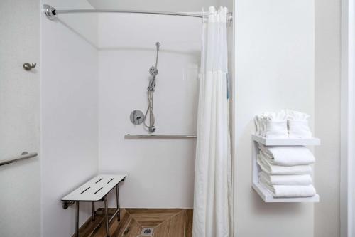 a bathroom with a shower and a bench and towels at Hampton Inn & Suites Nashville Franklin in Franklin