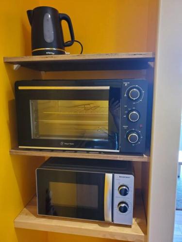 d'un four micro-ondes et d'un grille-pain sur une étagère. dans l'établissement La Grelauderie 5, à Saintes