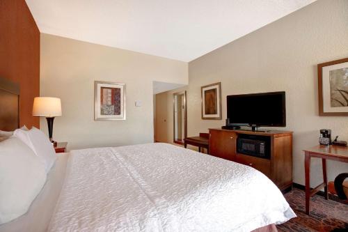 a hotel room with a bed and a flat screen tv at Hampton Inn Fort Wayne-Southwest in Fort Wayne