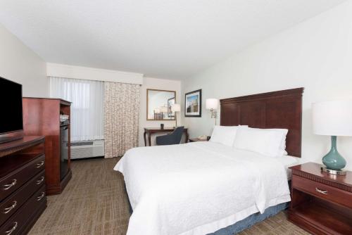 ein Hotelzimmer mit einem Bett und einem Flachbild-TV in der Unterkunft Hampton Inn East Lansing in East Lansing