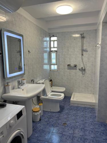 ein Bad mit einem Waschbecken, einem WC und einer Dusche in der Unterkunft Apartment in Skanderbeg Square - Tirana Center 2 in Tirana
