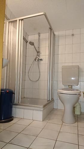 een badkamer met een douche en een toilet bij Reiterhof Müller 
