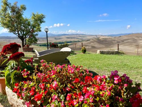 a group of flowers in a garden with a view at Poggiosalto in Toscana in Pienza