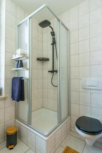 a shower with a glass door in a bathroom at Kerkermeister Pension in Auerbach