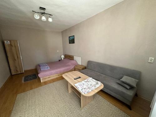 a living room with a couch and a bed at При Наско in Shabla