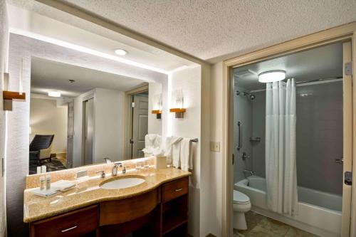 a bathroom with a sink and a toilet and a mirror at Homewood Suites by Hilton San Antonio Northwest in San Antonio