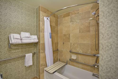 a bathroom with a tub and a shower with towels at Hampton Inn & Suites Savannah Historic District in Savannah