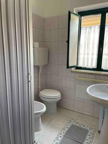 een badkamer met een toilet, een wastafel en een spiegel bij Centralissimo bilocale in SantʼAngelo deʼ Lombardi