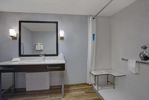 a bathroom with a sink and a mirror and a shower at Hampton Inn Salisbury in Salisbury