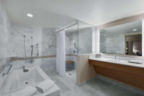 La salle de bains est pourvue d'une baignoire, d'une douche et d'un lavabo. dans l'établissement Hilton Salt Lake City Center, à Salt Lake City