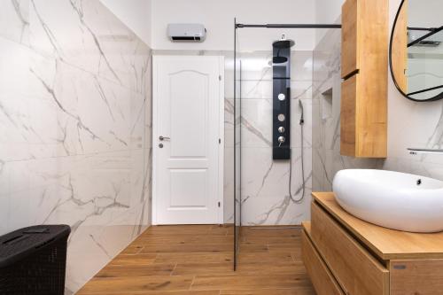 a bathroom with a sink and a glass shower at Villa Antique in Novi Vinodolski