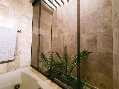 a bathroom with a shower and a tub with a plant at Mansão Casa Mais in Aracaju