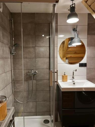 a bathroom with a shower and a sink at Kamień na Kaszubach in Kamień
