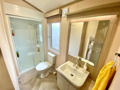 ein Bad mit einem Waschbecken, einem WC und einer Dusche in der Unterkunft The Lodge in Selsey