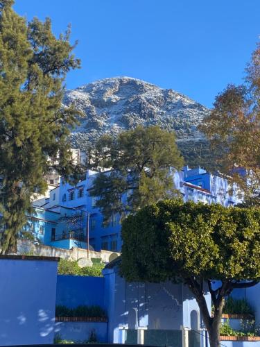ein blaues Gebäude mit einem Berg im Hintergrund in der Unterkunft Joli studio de charme à chaouen in Chefchaouen