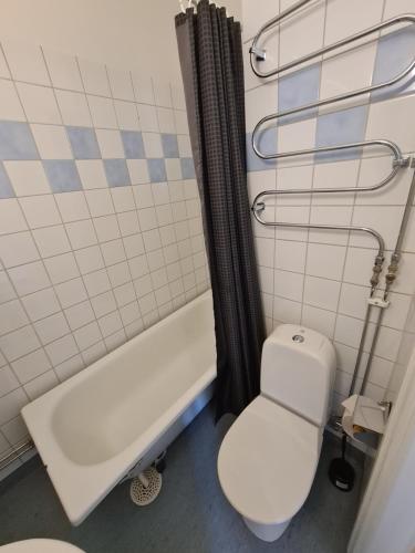 a bathroom with a toilet and a bath tub at Home Inn BG11 in Stockholm