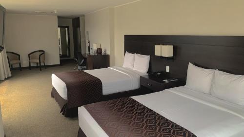 a hotel room with two beds and a chair at HOTEL CHACAO SUITES in Caracas