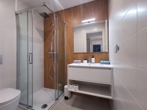 ein Bad mit einer Dusche, einem Waschbecken und einem WC in der Unterkunft Turquesa Del Mar - Max Beach Golf - Ground Floor Apartment in Playa Flamenca