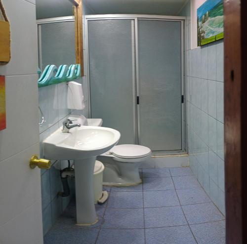 La salle de bains est pourvue de toilettes, d'un lavabo et d'une douche. dans l'établissement Hostal OlaBrava, à Pichilemu