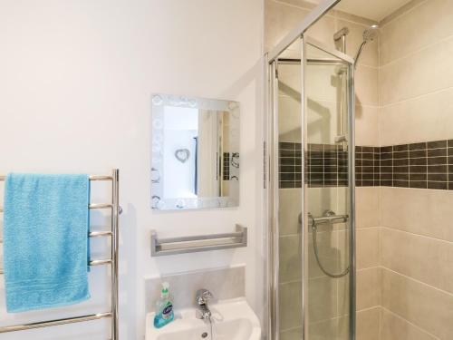 a bathroom with a shower and a sink at Sunset Lodge - No 6 in Lincoln