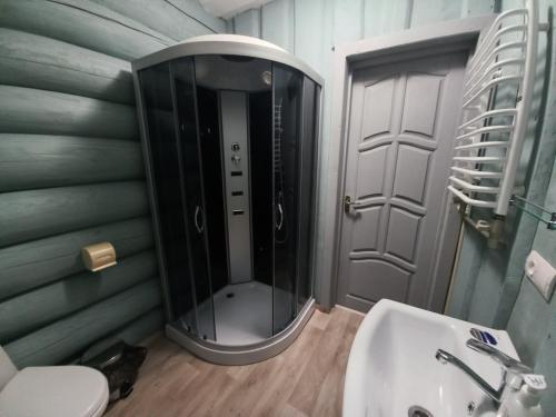 een badkamer met een douche, een wastafel en een toilet bij White House in Synevyrsʼka Polyana