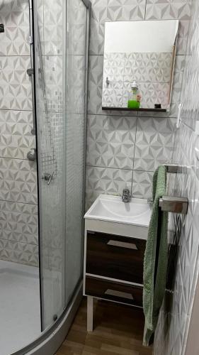 ein Bad mit einer Dusche, einem Waschbecken und einem Spiegel in der Unterkunft La Posada del Viajero in Durazno