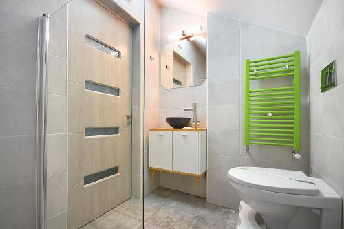 La salle de bains est pourvue de toilettes et d'une fenêtre verte. dans l'établissement Impressive Târgu Ocna, à Tîrgu Ocna