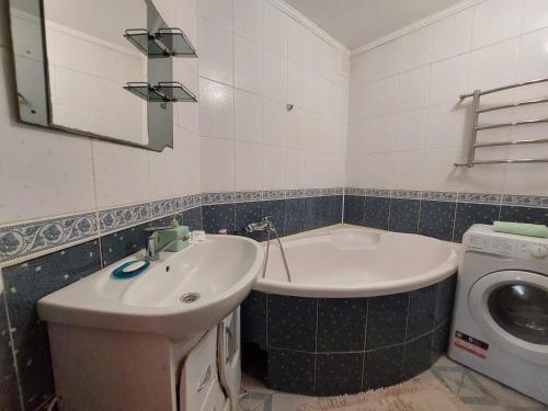 a bathroom with a sink and a washing machine at Трикімнатні апартаменти біля Порт Сіті in Lutsk