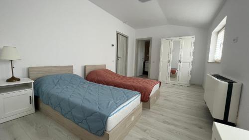 een slaapkamer met 2 bedden en een flatscreen-tv bij Hotel Lavanda 