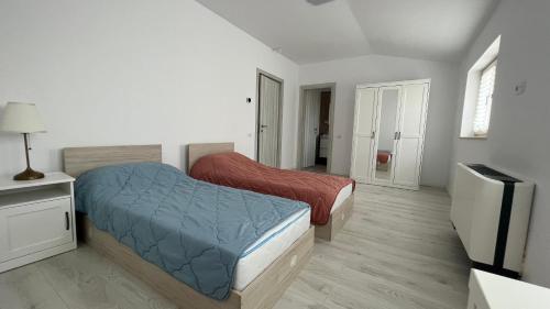 a bedroom with two beds and a flat screen tv at Hotel Lavanda in Piteasca