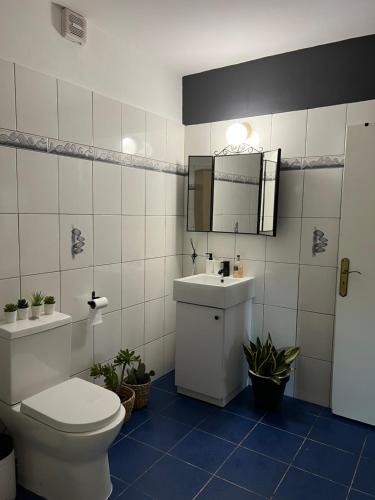 a bathroom with a toilet and a sink and a mirror at Green Door Apartment in Limassol
