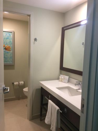 a bathroom with a sink and a mirror and a toilet at Hampton Inn by Hilton Villahermosa in Villahermosa