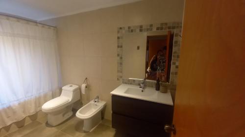 a bathroom with a toilet and a sink and a mirror at Casa con linda vista de montaña y tinaja in Curacaví