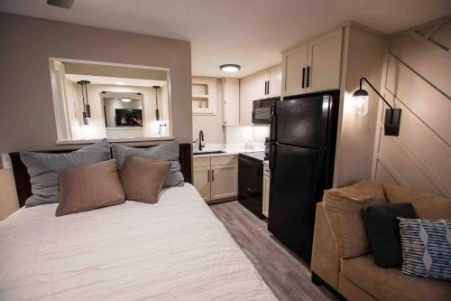 ein Schlafzimmer mit einem Bett und einem Sofa sowie eine Küche in der Unterkunft Modern Studio Basement with Private Entrance in Centennial