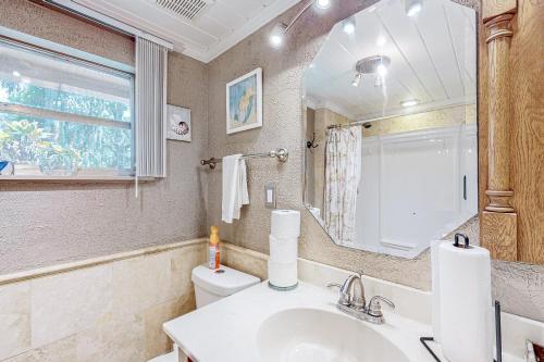 een badkamer met een wastafel, een spiegel en een toilet bij Salt Creek Cottage in Weeki Wachee