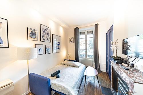 1 dormitorio con 1 cama y TV en la pared en Le petit Charlemagne- Studio Rénové -Perrache, en Lyon