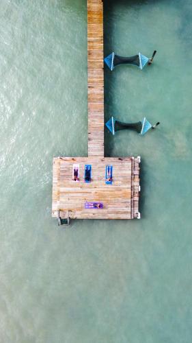 a group of people in the water near a dock at Casa Cayuco Eco-Adventure Lodge in Bocas del Toro