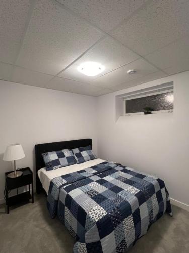 ein Schlafzimmer mit einem Bett mit einer blau-weißen karierten Decke in der Unterkunft Well furnished 1 Bedroom Basement Suite in Winnipeg