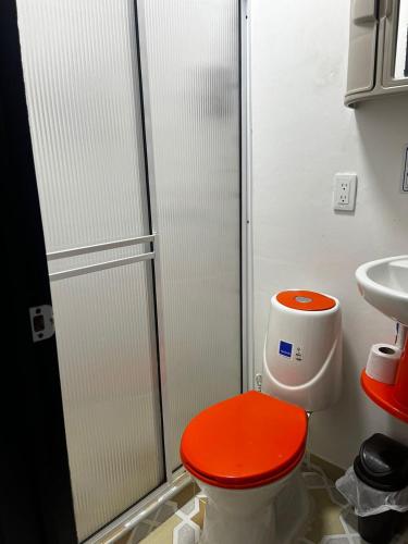 een badkamer met een rood toilet en een wastafel bij Hostal Albita 