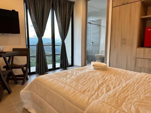 a bedroom with a large bed and a large window at Studio Suite Campestre con Jacuzzi in Buga