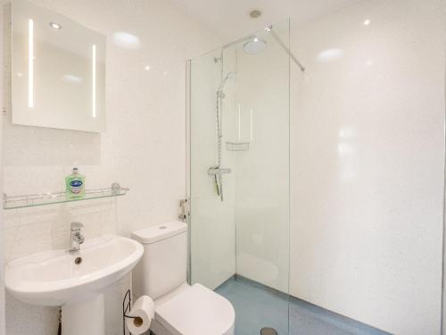 a bathroom with a toilet and a glass shower at Jemmett Lodge in Mersham