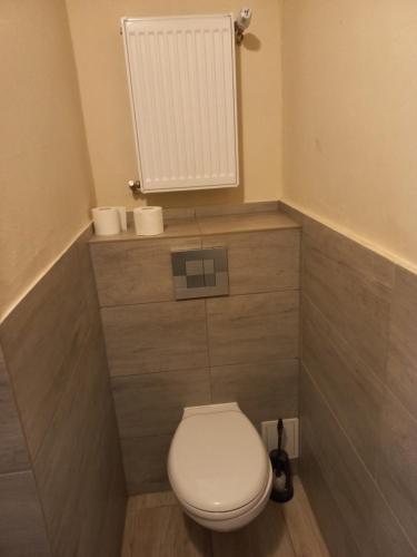 a small bathroom with a toilet and a mirror at Pałac Lasów in Pieńsk