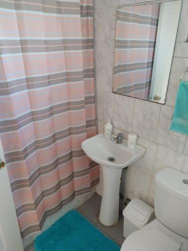 W łazience znajduje się umywalka, toaleta i lustro. w obiekcie En la casa bonita w mieście Temuco