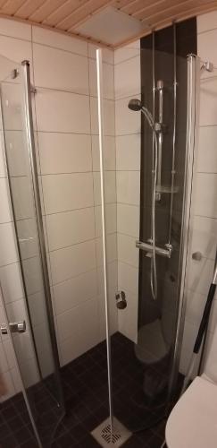a shower with a glass door in a bathroom at Apartment with sauna near the center in Helsinki
